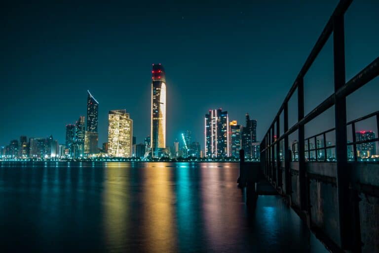 Abu Dhabi night skyline across the water