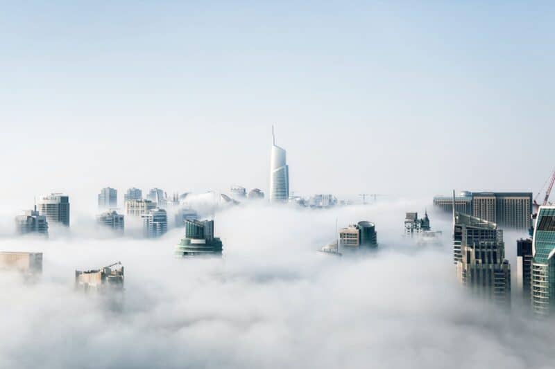 Dubai buildings covered in fog on a early winter morning