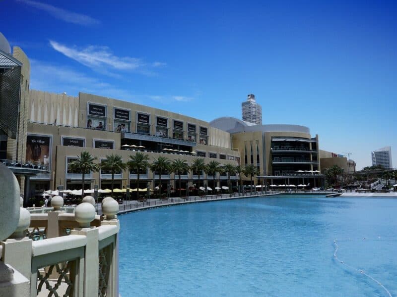 View of the back of Dubai Mall where you can watch the Dubai Fountains