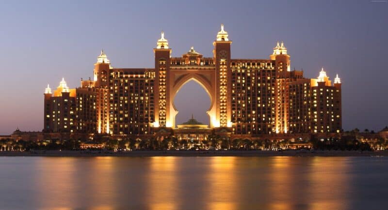 The Atlantis Dubai at night lit up