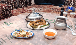 Traditional saudi food served in a traditional Najd restaurant