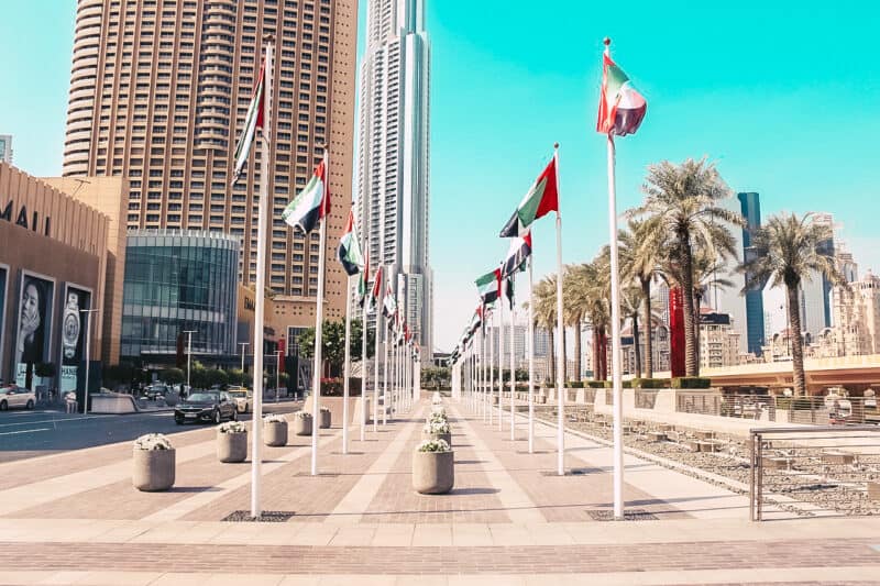 UAE flags outside of the fashion entrance of Dubai Mall