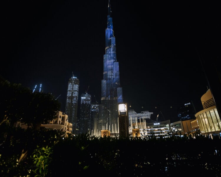 View of Burj Khalifa from 99 Sushi Bar from the outside area in Downtown Dubai