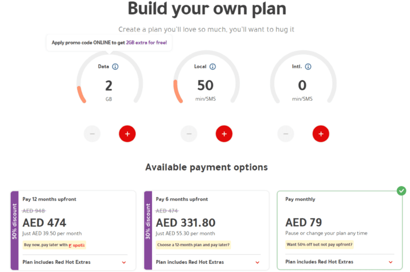 Starter plan from Virgin available online that shows how you select your minutes, data and international minutes