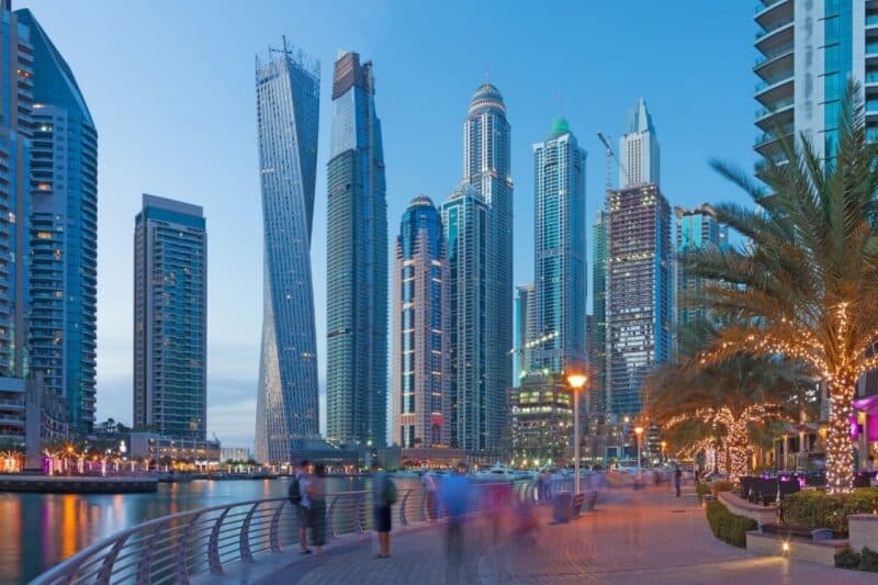 View of skyscrapers in the north part of Dubai Marina from the Marina Walkway