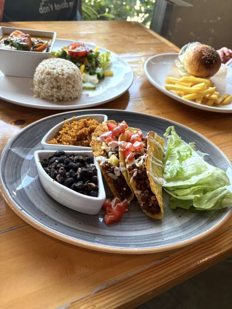 Our two main meals of Mexican beef tacos and roasted pumpkin curry along with a kids burger meal served on the wooden dining table at Organic Foods & Cafe