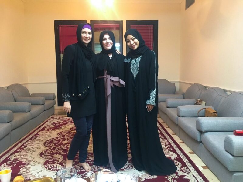 Inside an Islamic center in Dubai, Danni B in Dubai with her two friends after she converted to Islam and became a revert