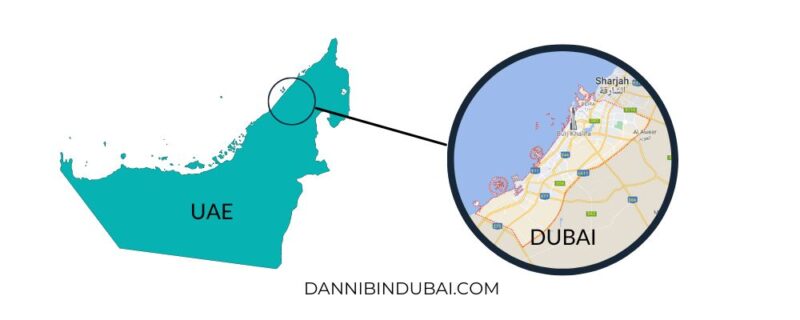 Graphic showing where Dubai is in the country of the UAE