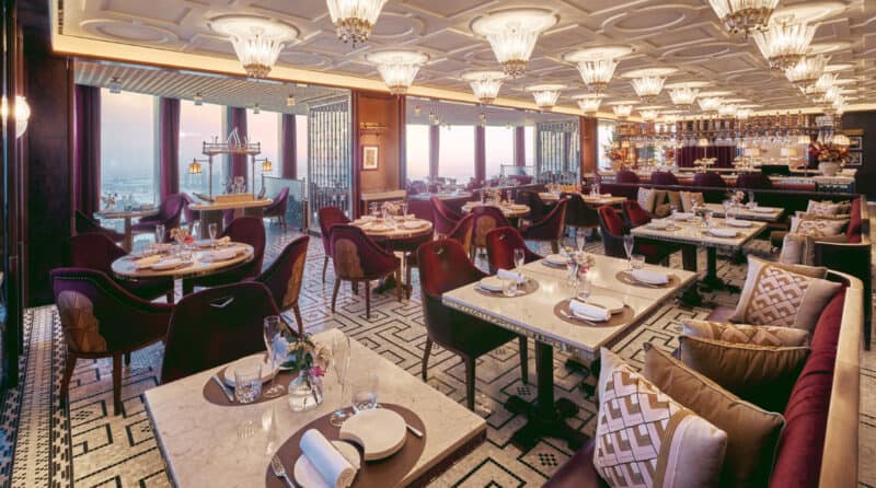 Inside Burj Khalifa restaurant At.Mosphere with the view outside the window and recently refurbished interiors