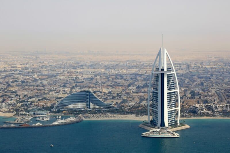 The Burj Al Arab from the sea and looking towards Umm Suqeim in Dubai