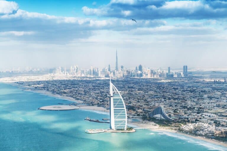 View across Dubai with Burj Al Arab at the front