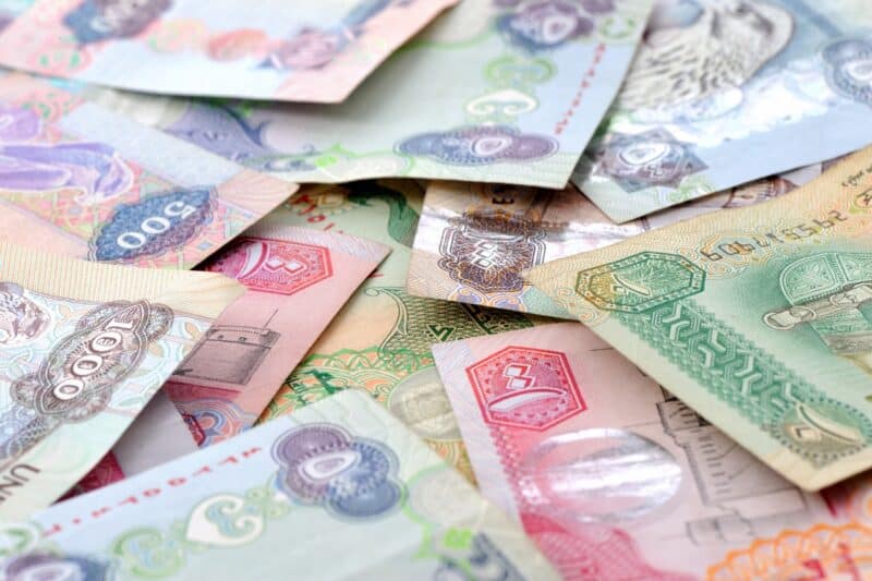 several different dubai cash notes and denominations, called united arab emirates dirhams