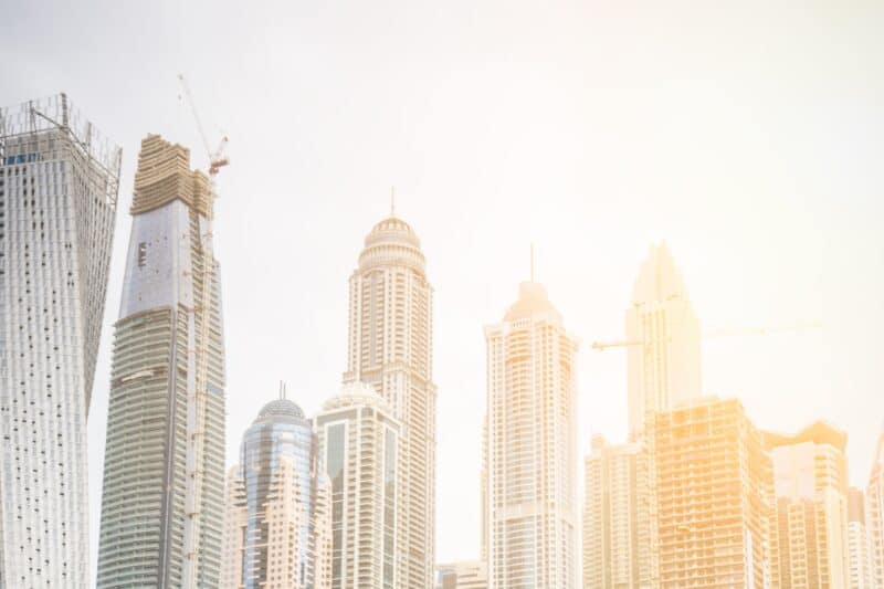 Dubai Marina skyline in the sun looking warm