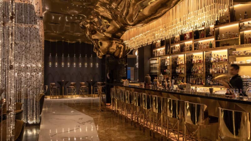 Inside Gilt, the fully gold bar inside Burj Al Arab with gold seating and even gold cocktail shakers