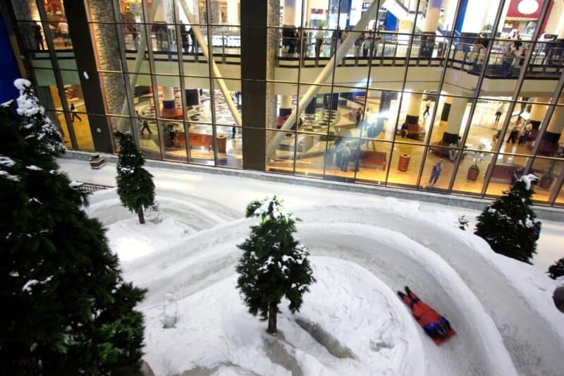 The inside of Ski Dubai with the snow and fir trees looking towards the inside of Mall of Emirates