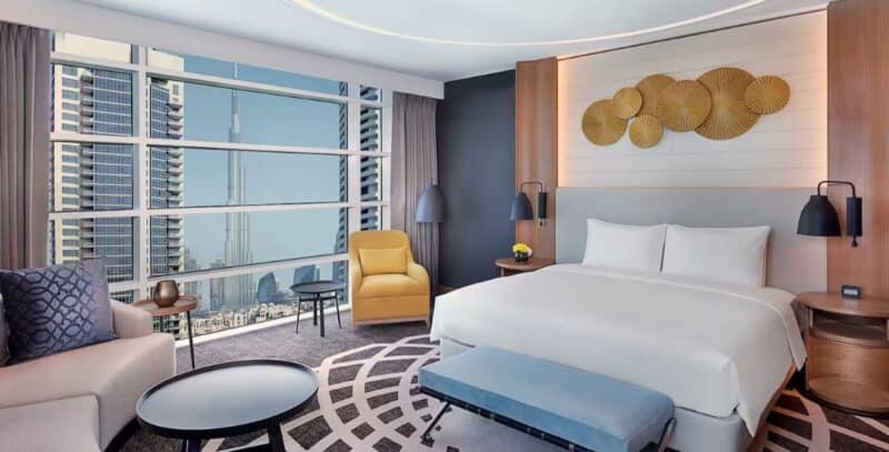 Inside a double room at Doubletree by Hilton in Business Bay with a view of the Burj Khalifa