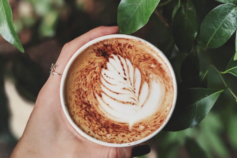 Coffee latte art in a cup help by a woman's hand with a plant in the background at a relaxed cafe Arrows and Sparrows Dubai