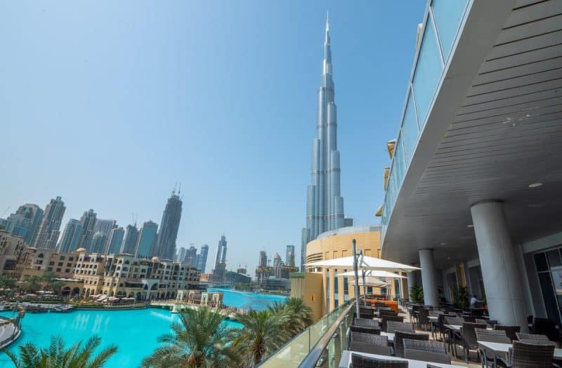 View of Burj Khalifa and Dubai Fountain from the outdoor terrace at Ana Restaurant