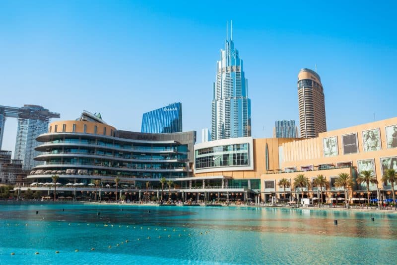 View of Dubai Mall from the back where Dubai Fountain is located, looking at Fashion Avenue and the promenade