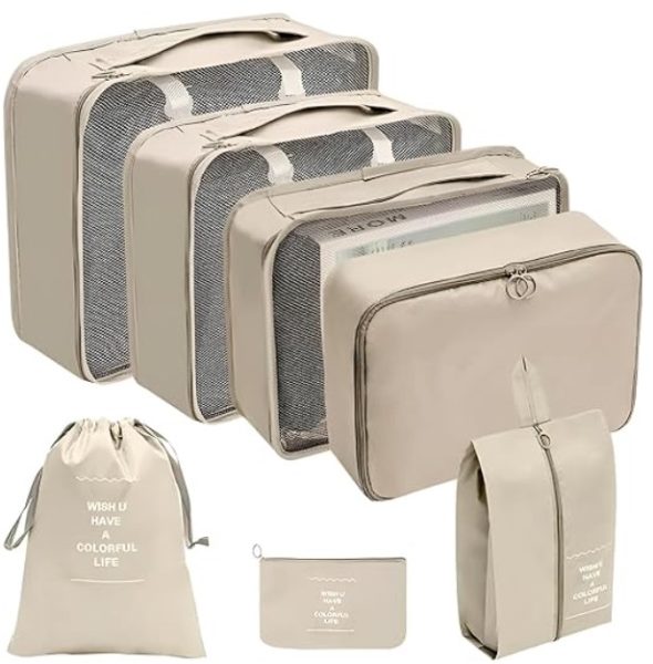 cream packing cube set of seven items that help for travel organisation