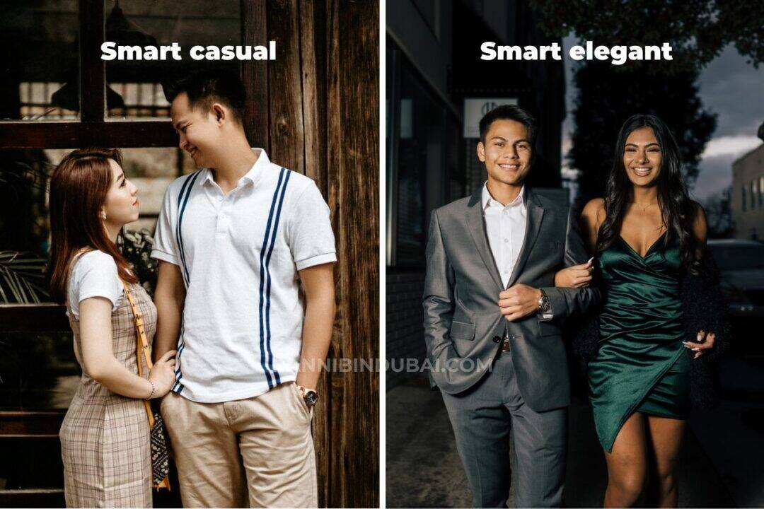 A couple on the left dressed smart casual, the man wearing a polo top, chino shorts while the woman wears a cute plaid dress. A couple on the right labelled as smart elegant wearing a suit with a white shirt for the man and a green cocktail dress for the woman