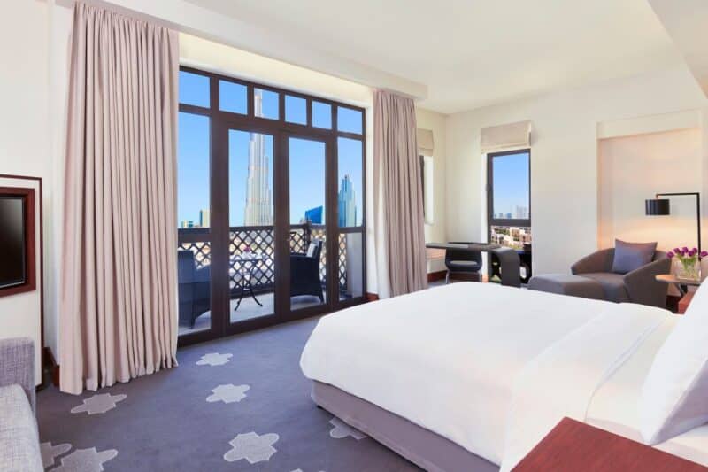 View of the Burj Khalifa from the room with a double bed, balcony and room seating area at The Heritage Hotel, Autograph Collection