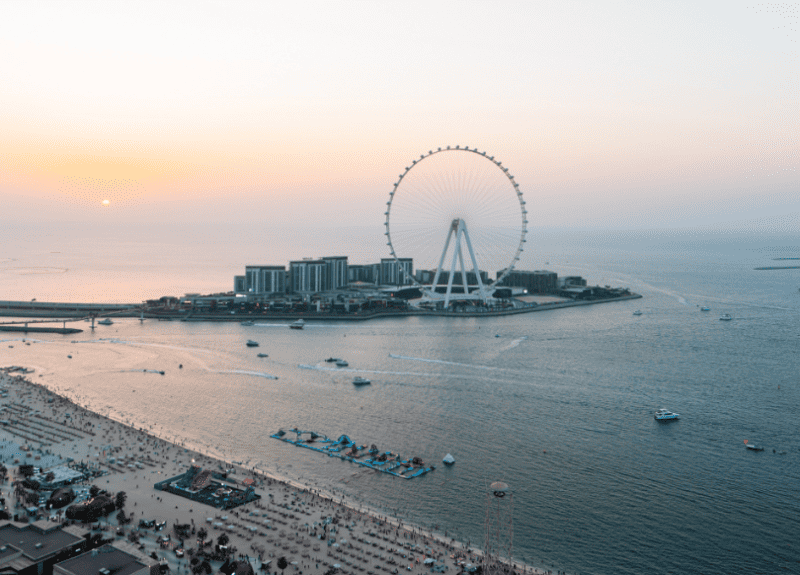 The view from Pure Sky Lounge & Dining, towards Blue Waters with Ain Dubai and JBR beach below at sunset