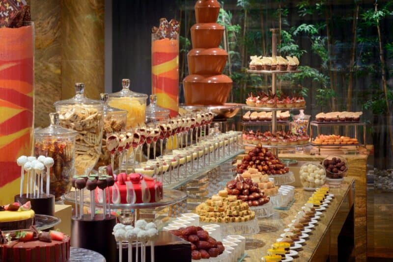 The incredible desert counter at Kitchen 6's buffet including a chocolate fountian