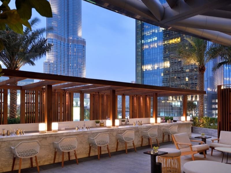 The Bar and lounge area which is part of the restaurant at La Brasserie Sur Le Boulevard with a view of the Burj Khalifa