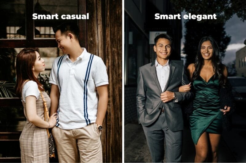 A couple on the left dressed smart casual and a couple of the right as smart elegant with the labels