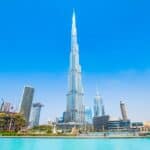 View of Burj Khalifa from Burj Lake with a pure blue sky