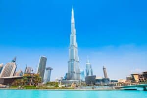 View of Burj Khalifa from Burj Lake with a pure blue sky