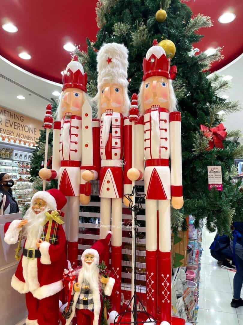 Christmas decorations for sale and set up as a Christmas display in Daiso at Motor City