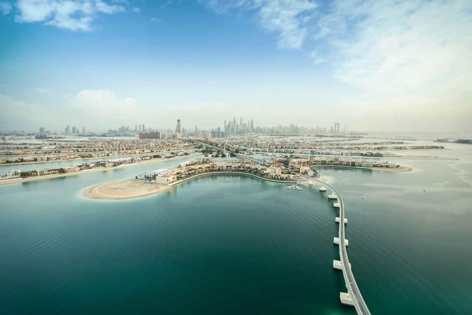 View of Palm Jumeirah from the Dubai Balloon with the Dubai Marina skyline in the distance