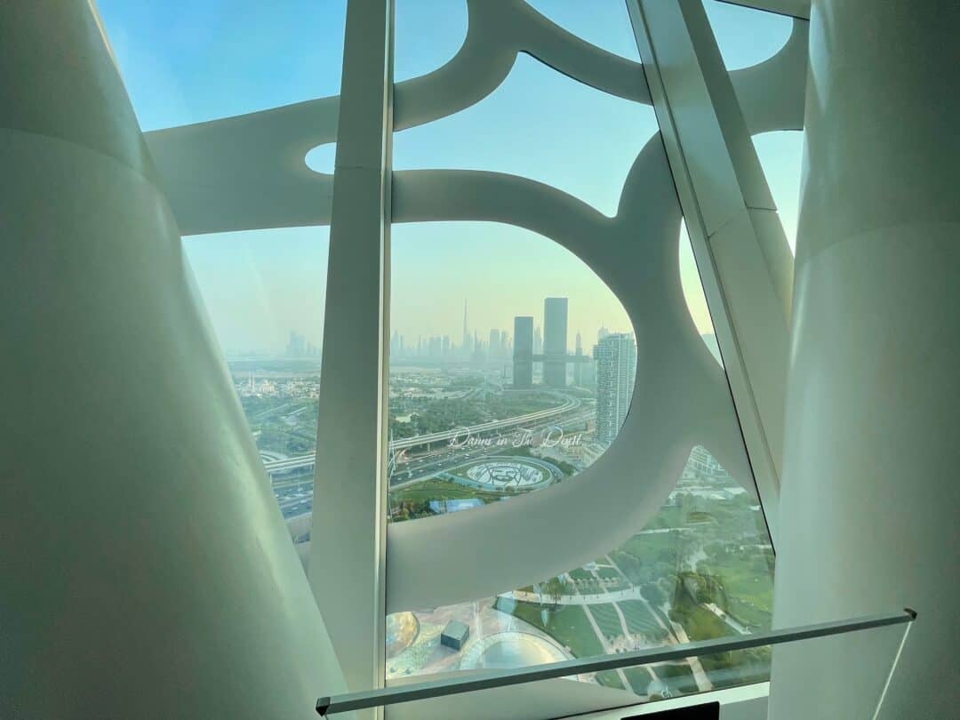 The view towards new Dubai from Dubai Frame observation deck with the Burj Khalifa and Downtown Dubai skylines at sunset