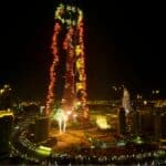 Burj Khalifa red and grey fireworks firing out from the Burj Khalifa on New Year's in Dubai