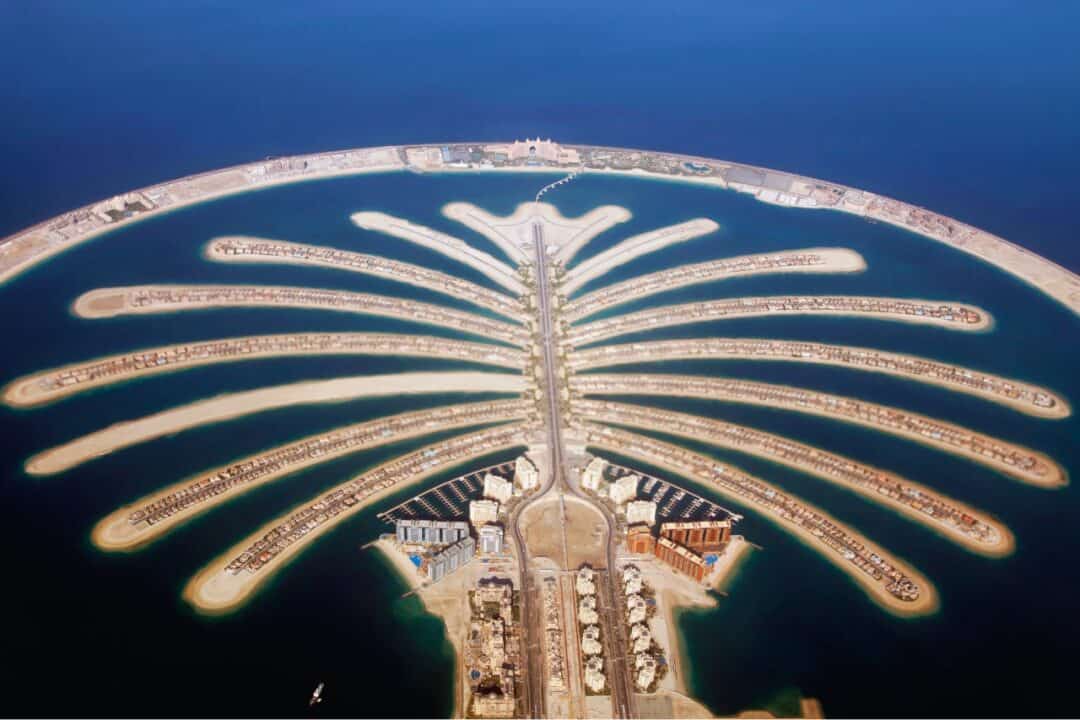 Aerial view of Palm Jumeriah from high up, what you'll see as you sky dive over