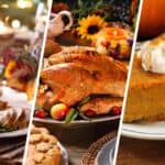 Thanks giving dinner served on a plate on the left, the middle a whole roasted turkey and an image on the right of pumpkin pie with cream