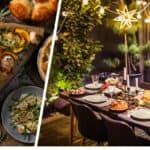 A turkey roast dinner with all the trimmings on the left side and a beautiful festive table setting with a rustic outdoor feel on the right