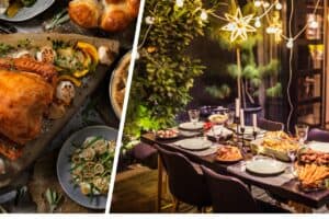 A turkey roast dinner with all the trimmings on the left side and a beautiful festive table setting with a rustic outdoor feel on the right