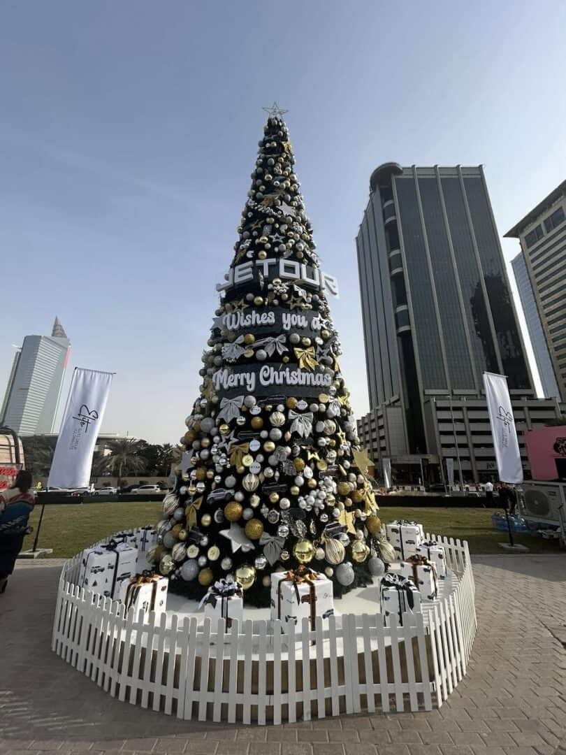 Christmas tree set decorated in gold and silver in the middle of the Christmas Market at Winter District by Jetour