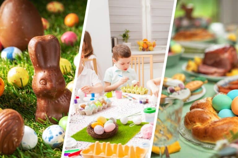 Easter chocolate set in a field with children doing easter arts and crafts activities in the middles and an easter brunch on the right with traditional dishes served for easter in dubai