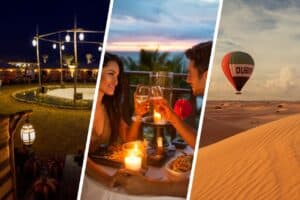 Ideas for dates and things to do for valentines in Dubai with a desert dinner on the left, a romantic candle lit dinner in the middle and a sunrise balloon ride on the right