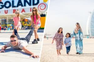 A father and his daughters being silly outside of Legoland Dubai on the right and a hijabi mother with her daughters by the beach with Burj Al Arab in the background on the right