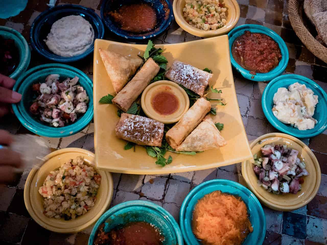 Arabic mezze food spread with dips and appetisers