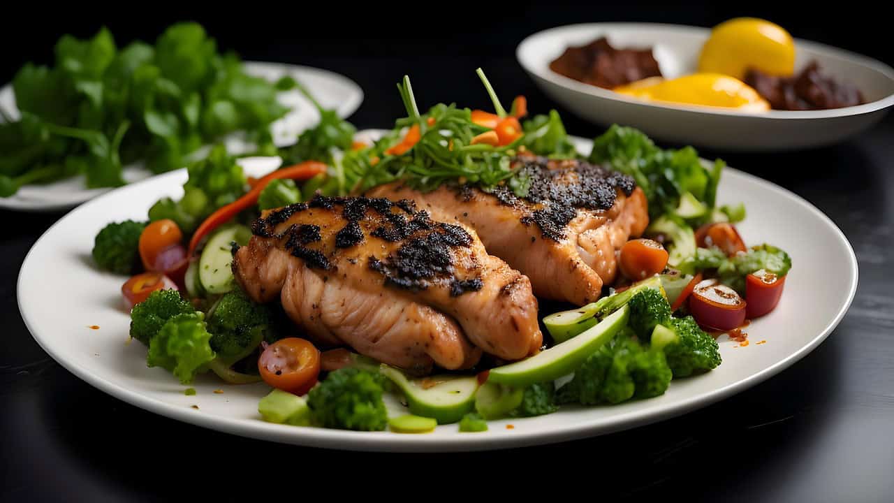 Grilled salmon restaurant meal with vegetables