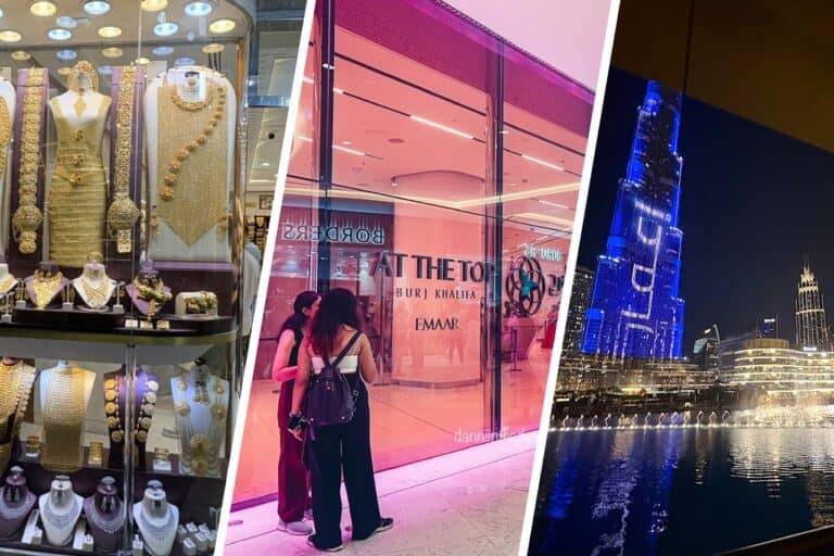 3 days in Dubai with a gold shop in the gold souq on the left, the entrance to At The Burj Khalifa and the Dubai Fountain show at night on the right