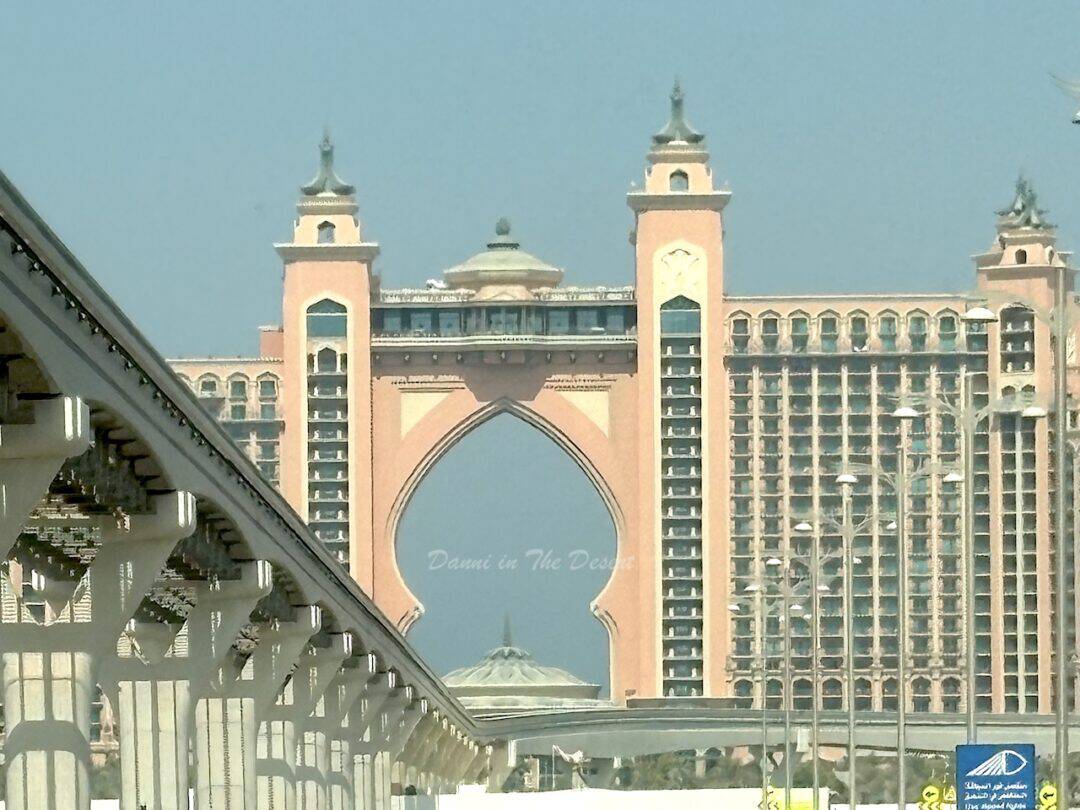 View of Atlantis as you drive onto the Palm with the Palm Monorail to the left