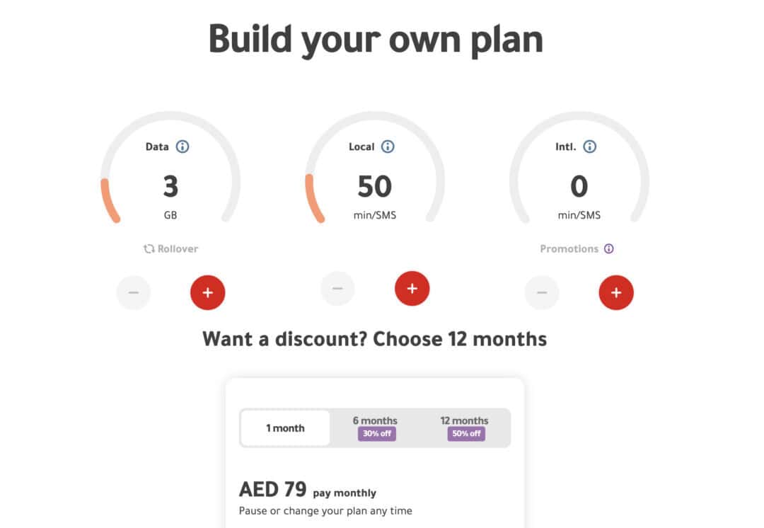 Virgin mobile app and website that allows you to customise the data, local minutes and international minutes based on your planned usage and adjusts the price accordingly